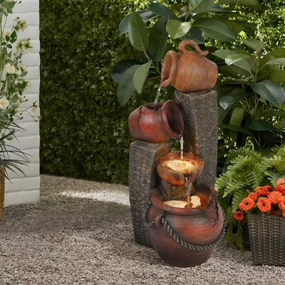 LuxenHome 32" Water Fountain Outdoor With Lights, Cascading Pitchers Pot Outdoor Fountains And Waterfalls Brown 4 LuxenHome 32" Water Fountain Outdoor With Lights, Cascading Pitchers Pot Outdoor Fountains And Waterfalls Brown - Image 2
