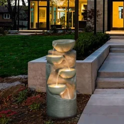 LuxenHome Modern Gray Cement Tiered Bowls Outdoor Fountain With Lights 14 LuxenHome Modern Gray Cement Tiered Bowls Outdoor Fountain With Lights -Garden GUEST 4f64e7e9 bc44 4a56 bfd5 b18773891522