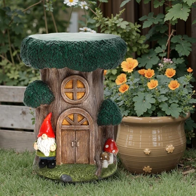 LuxenHome Outdoor Side Table, 17" Green Gnome Tree Stump Cement End Table,Indoor And Outdoor Sculpture Accent Side Table,Garden Decor Stool 5 LuxenHome Outdoor Side Table, 17" Green Gnome Tree Stump Cement End Table,Indoor And Outdoor Sculpture Accent Side Table,Garden Decor Stool - Image 3