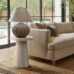 LuxenHome Stone Pattern Manufactured Wood 19.7-Inch Tall Round End And Side Table Beige -Garden GUEST 50c08f8b 51d0 45ec 9037 024130cc1117