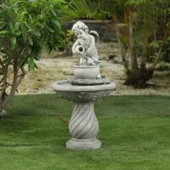 LuxenHome Gray Resin Cherub Birdbath Outdoor Fountain