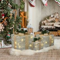 LuxenHome 3-Pc Lighted Silver Tinsel Gift Box Set With Champagne Ribbon, Outdoor Holiday Decoration Silver, Champagne, Green 14 LuxenHome 3-Pc Lighted Silver Tinsel Gift Box Set With Champagne Ribbon, Outdoor Holiday Decoration Silver, Champagne, Green -Garden GUEST 57077852 04ec 4f56 a3c6 d9603dd4c510