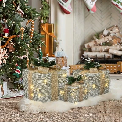 LuxenHome 3-Pc Lighted Silver Tinsel Gift Box Set With Champagne Ribbon, Outdoor Holiday Decoration Silver, Champagne, Green 7 LuxenHome 3-Pc Lighted Silver Tinsel Gift Box Set With Champagne Ribbon, Outdoor Holiday Decoration Silver, Champagne, Green - Image 5