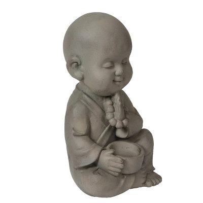 LuxenHome 12.01" Gray MgO Meditating Buddha Monk With Bowl And Beads Garden Statue 6 LuxenHome 12.01" Gray MgO Meditating Buddha Monk With Bowl And Beads Garden Statue - Image 4