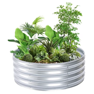 LuxenHome 36in Round Galvanized Steel Raised Garden Bed Planter 5 LuxenHome 36in Round Galvanized Steel Raised Garden Bed Planter - Image 3
