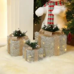 LuxenHome 3-Pc Lighted Silver Tinsel Gift Box Set With Champagne Ribbon, Outdoor Holiday Decoration Silver, Champagne, Green 13 LuxenHome 3-Pc Lighted Silver Tinsel Gift Box Set With Champagne Ribbon, Outdoor Holiday Decoration Silver, Champagne, Green -Garden GUEST 57875756 2213 4d03 a7db 309a1fbb0a5f