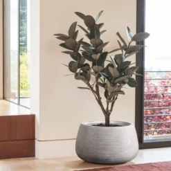 LuxenHome Rustic Indoor/Outdoor Planter β Round MgO Pot With Ribbed Texture