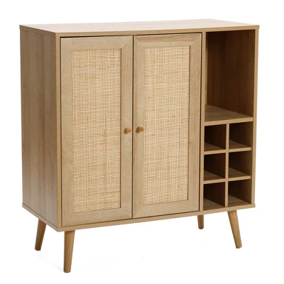 LuxenHome 35" Tall 2-Door Rattan Light Oak Finish Wood Wine And Storage Cabinet Brown 9 LuxenHome 35" Tall 2-Door Rattan Light Oak Finish Wood Wine And Storage Cabinet Brown - Image 7