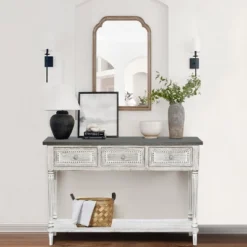 LuxenHome Distressed White Wood And Metal 3-Drawer 1-Shelf Console And Entry Table -Garden GUEST 5a11c4ee 96e8 4568 9df4 7eb523899e28