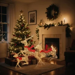 LuxenHome 3-Piece Champagne Gold PET Running Deer Family Outdoor Holiday Decoration With Lights Brown, Red -Garden GUEST 5a2f9ec1 b239 428e 8653 099c8271f000