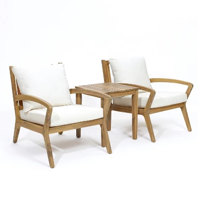 LuxenHome Outdoor Acacia Wood Side Table And Set Of 2 Armchairs With White Cushions 12 LuxenHome Outdoor Acacia Wood Side Table And Set Of 2 Armchairs With White Cushions - Image 10
