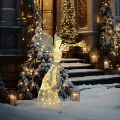 LuxenHome 5Ft Angel Playing Gold Trumpet Outdoor Holiday Decoration With Lights White, Sliver, Gold -Garden GUEST 5b8d09af 3d7a 4659 bd4e df11ede53af3
