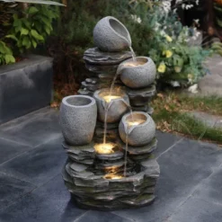 LuxenHome 30" Garden Water Fountain, 4 Tiers Cascading Pots & Rock Cascading Waterfall Fountain Outdoor With LED Lights Gray
