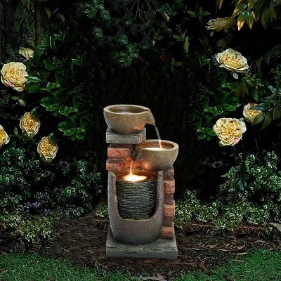 LuxenHome 23" H Bowls And Bricks Resin Outdoor Fountain With Lights Brown 8 LuxenHome 23" H Bowls And Bricks Resin Outdoor Fountain With Lights Brown - Image 6