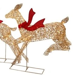 LuxenHome 3-Piece Champagne Gold PET Running Deer Family Outdoor Holiday Decoration With Lights Brown, Red -Garden GUEST 5e088a37 56c3 4e5d 9db3 c2a68df8cdfd