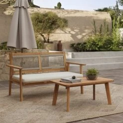 LuxenHome Outdoor Acacia Wood Rope Back Loveseat With Cushions And Coffee Table Set