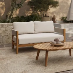 LuxenHome Outdoor Acacia Wood With Rope Sides Club Loveseat With Cushions And Coffee Table -Garden GUEST 607944f5 f4c9 41cc 9332 92950170e052