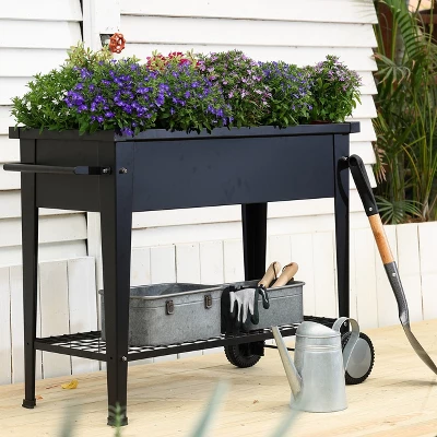 LuxenHome Black Mobile Metal Raised Garden Bed Planter Cart With Legs 4 LuxenHome Black Mobile Metal Raised Garden Bed Planter Cart With Legs - Image 2