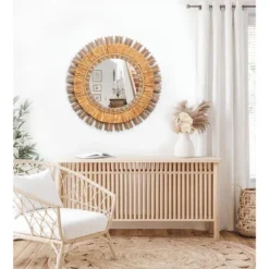 LuxenHome 24" Round Boho Style Raffia Accent Wall Mirror Wall Decor Home Decor -Garden GUEST 60ef8ab3 09be 492b b7a3 ff380ff8d4da