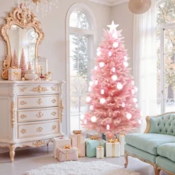 LuxenHome 6Ft Pink Cherry Blossom Christmas Tree With Fiber Optic Lights & Snowman Star Topper -Garden GUEST 6151b6f9 d4f7 4685 b4a3 a4963cd589d1