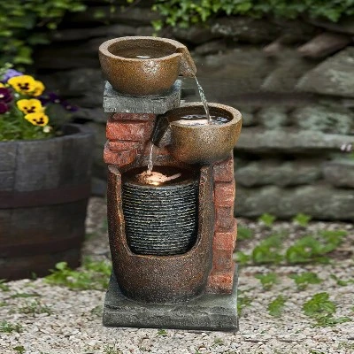 LuxenHome 23" H Bowls And Bricks Resin Outdoor Fountain With Lights Brown 3 LuxenHome 23" H Bowls And Bricks Resin Outdoor Fountain With Lights Brown