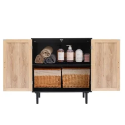 LuxenHome Black And Brown Wood 2-Door Storage Cabinet. -Garden GUEST 633c6db5 4864 4660 837c 3a02c5b6fb52