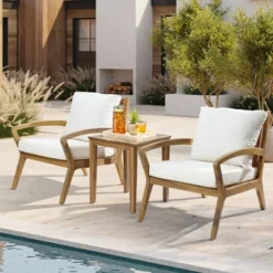 LuxenHome Outdoor Acacia Wood Side Table And Set Of 2 Armchairs With White Cushions 14 LuxenHome Outdoor Acacia Wood Side Table And Set Of 2 Armchairs With White Cushions -Garden GUEST 64be7983 f6b5 46ea a230 6942cd9d49d2