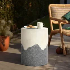 LuxenHome Outdoor Patio Table, 17" Gray And Cream Cement Round Side Table,Modern Garden Decorative Stool,Outdoor Accent End Table -Garden GUEST 663c7674 f8f2 4583 8e2c bf29151186a3