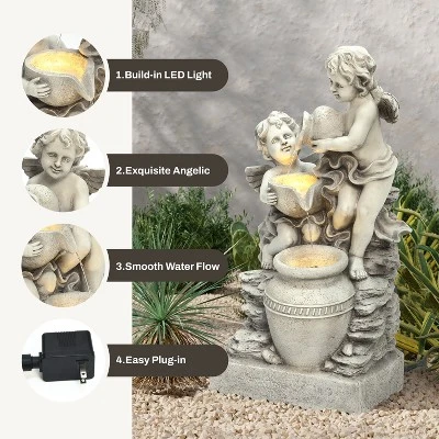 LuxenHome 30” Gray Resin Cherub Angels Outdoor Water Fountain With LED Lights, Garden Fountain Decor For Yard 4 LuxenHome 30” Gray Resin Cherub Angels Outdoor Water Fountain With LED Lights, Garden Fountain Decor For Yard - Image 2