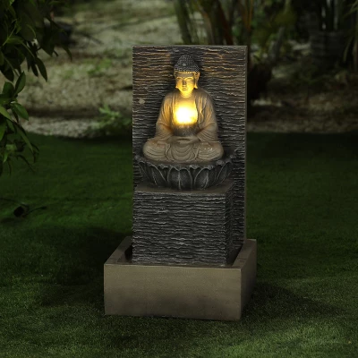 LuxenHome Gray Resin Meditating Buddha With Pedestal Outdoor Fountain With LED Light 3 LuxenHome Gray Resin Meditating Buddha With Pedestal Outdoor Fountain With LED Light