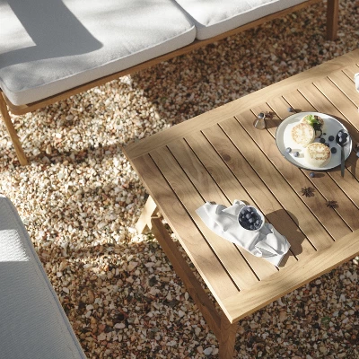 LuxenHome Outdoor Acacia Wood Coffee Table And Loveseat With Cushions 6 LuxenHome Outdoor Acacia Wood Coffee Table And Loveseat With Cushions - Image 4