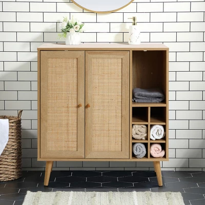 LuxenHome 35" Tall 2-Door Rattan Light Oak Finish Wood Wine And Storage Cabinet Brown 7 LuxenHome 35" Tall 2-Door Rattan Light Oak Finish Wood Wine And Storage Cabinet Brown - Image 5