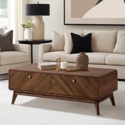 LuxenHome Mid-Century Modern Coffee Table With Storage, 47" Live Edge Columbia Walnut Engineered Wood Boho Center Accent Table Brown -Garden GUEST 6e28190c 836f 4f3a b4eb b920870cb366