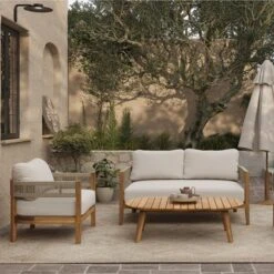 LuxenHome Outdoor Acacia Wood With Rope Sides 4-Person Club Patio Set With Coffee Table -Garden GUEST 725663e2 1777 42f1 ac9e ab74202b2d69