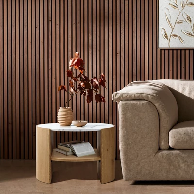 LuxenHome Natural Finish Manufactured Wood 23.6-Inch Round Coffee Table With Faux Marble Top Brown 4 LuxenHome Natural Finish Manufactured Wood 23.6-Inch Round Coffee Table With Faux Marble Top Brown - Image 2