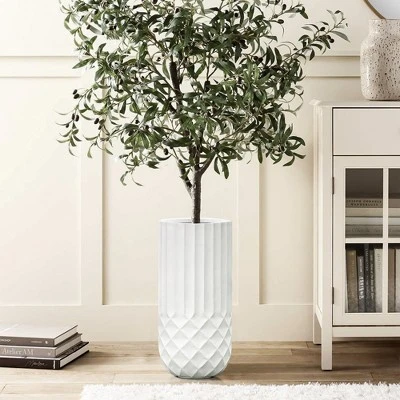 LuxenHome Tall MgO Planter, White Round Pot With Diamond & Fluted Texture 4 LuxenHome Tall MgO Planter, White Round Pot With Diamond & Fluted Texture - Image 2