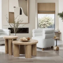 LuxenHome Round Wood Coffee Table With 4 Pillar Legs, 27.5" Modern Farmhouse Oak Finish Low Accent Table With Sturdy Base For Living Room Brown -Garden GUEST 75551dae b7d7 42a7 97c7 a2f023832bd3