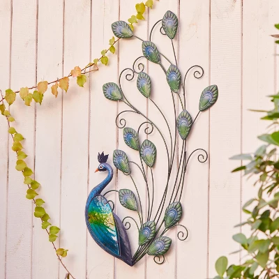 LuxenHome Blue And Green Peacock Metal And Glass Wall Decor, Indoor And Outdoor Decor.. 3 LuxenHome Blue And Green Peacock Metal And Glass Wall Decor, Indoor And Outdoor Decor..