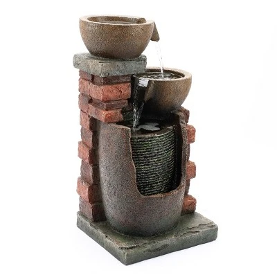 LuxenHome 23" H Bowls And Bricks Resin Outdoor Fountain With Lights Brown 10 LuxenHome 23" H Bowls And Bricks Resin Outdoor Fountain With Lights Brown - Image 8