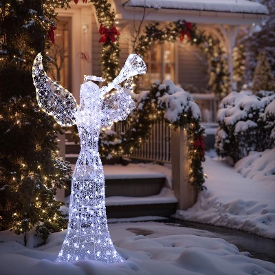 LuxenHome 5Ft Angel Playing Trumpet Outdoor Holiday Decoration With Lights White 5 LuxenHome 5Ft Angel Playing Trumpet Outdoor Holiday Decoration With Lights White - Image 3