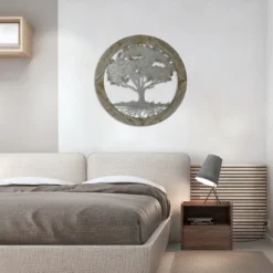 LuxenHome Metal Tree Of Life With Roots Wall Decor With Round Wood Frame -Garden GUEST 7a68f4e2 fe7d 4e82 8ed3 10466ab25bcb