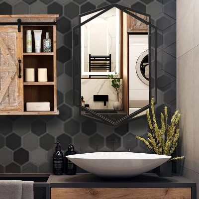 LuxenHome Black Metal Hexagon Frame Wall Accent Mirror For Bathroom & Vanity 3 LuxenHome Black Metal Hexagon Frame Wall Accent Mirror For Bathroom & Vanity