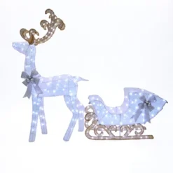 LuxenHome 2-Piece White Reindeer And Sleigh With Silver Bow And Ornaments Outdoor Holiday Decoration With Lights White, Multi, Silver, Brown -Garden GUEST 7e7fb18b e641 4574 98e9 8d7743c5dd8e
