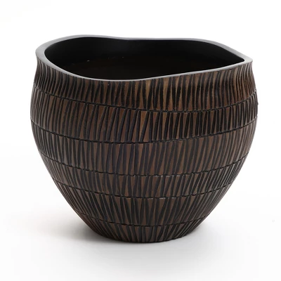 LuxenHome Brown With Black V-Pattern Polyresin 12-Inch Round Planter 10 LuxenHome Brown With Black V-Pattern Polyresin 12-Inch Round Planter - Image 8