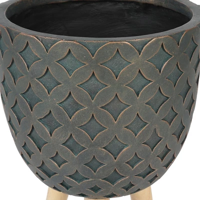 LuxenHome Butterfly Embossed Brown 12.3" Round MgO Planter With Wood Legs 5 LuxenHome Butterfly Embossed Brown 12.3" Round MgO Planter With Wood Legs - Image 3
