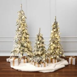 LuxenHome 3-Piece Flocked Artificial Tree Set With Lights And Metal Stand Green -Garden GUEST 803cfeb6 8552 41d1 98c1 4997935d571e