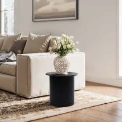 LuxenHome 15" Extra Small Accent Table Fluted Fir And MDF Wood Round Side Table Mid Century Modern Short End Table For Living Room, Bedroom Black -Garden GUEST 81d63423 fa79 4906 938f afb270f64b39