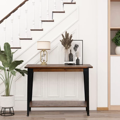 LuxenHome Dark Brown Wood And Black Metal 1-Shelf Console And Entry Table 3 LuxenHome Dark Brown Wood And Black Metal 1-Shelf Console And Entry Table