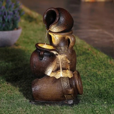 LuxenHome Brown Urns Resin Outdoor Fountain With Lights 3 LuxenHome Brown Urns Resin Outdoor Fountain With Lights