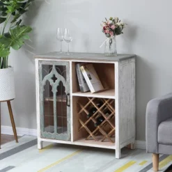 LuxenHome Distressed White And Gray Wood 1-Door Storage Wine Cabinet -Garden GUEST 847197c5 d326 4e72 bfe0 fc43289f5d62